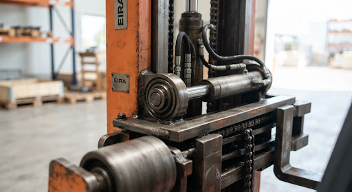 Macro close-up photograph of thick heavy-gauge steel mast channels, roller bearings and hydraulic cylinders on an industrial EIRA forklift, high detail industrial mechanical photography