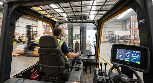 Interior driver cabin view of a heavy forklift showing protective overhead guard steel grid, ergonomic suspension seat and clear digital dashboard instrumentation