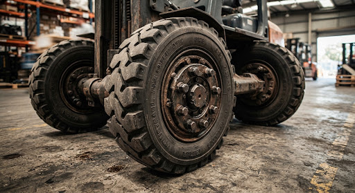 Close up photograph of deep-tread heavy industrial pneumatic forklift tyres and heavy cast iron front wheel hubs on concrete floor, high contrast industrial photography