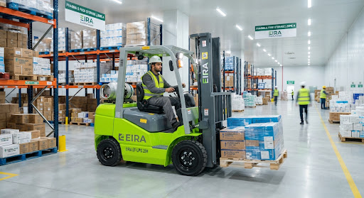 Modern clean LPG powered forklift with cylinder mounted on rear